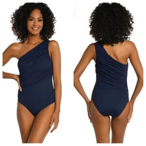 NWOT La Blanca Island Goddess Shirred One Shoulder One Piece - Indigo Sz 8